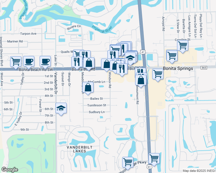 map of restaurants, bars, coffee shops, grocery stores, and more near 28160 Windsor Road in Bonita Springs