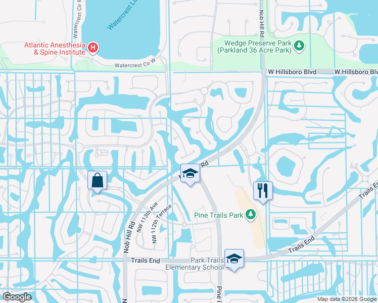 map of restaurants, bars, coffee shops, grocery stores, and more near 11080 Northwest 78th Place in Parkland