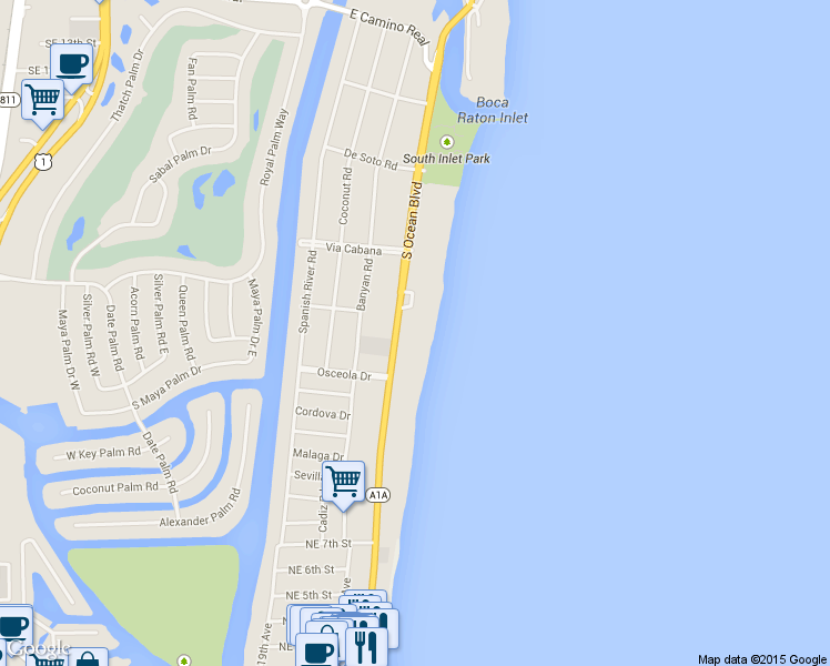 map of restaurants, bars, coffee shops, grocery stores, and more near 2000 South Ocean Boulevard in Boca Raton