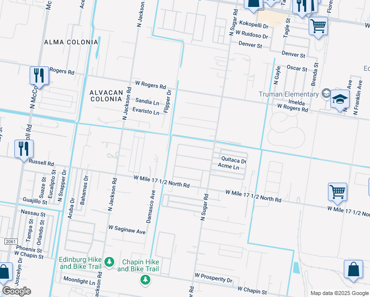 map of restaurants, bars, coffee shops, grocery stores, and more near 2551 North Sugar Road in Edinburg