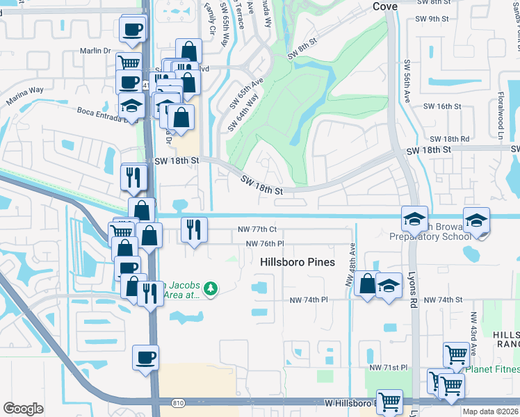map of restaurants, bars, coffee shops, grocery stores, and more near 23380 South Barwood Lane in Boca Raton
