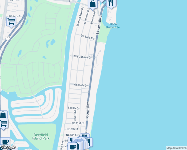 map of restaurants, bars, coffee shops, grocery stores, and more near 2000 South Ocean Boulevard in Boca Raton