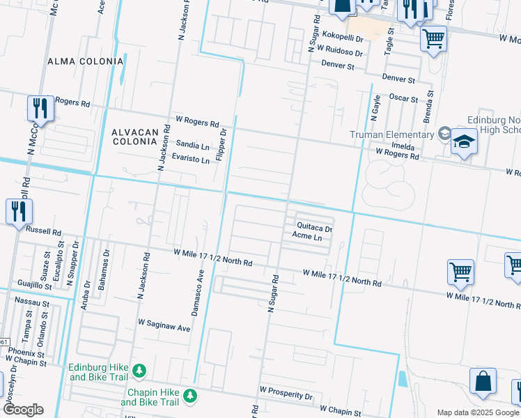 map of restaurants, bars, coffee shops, grocery stores, and more near 2418 North Sugar Road in Edinburg