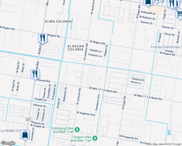 map of restaurants, bars, coffee shops, grocery stores, and more near 2321 Mojave Street in Edinburg