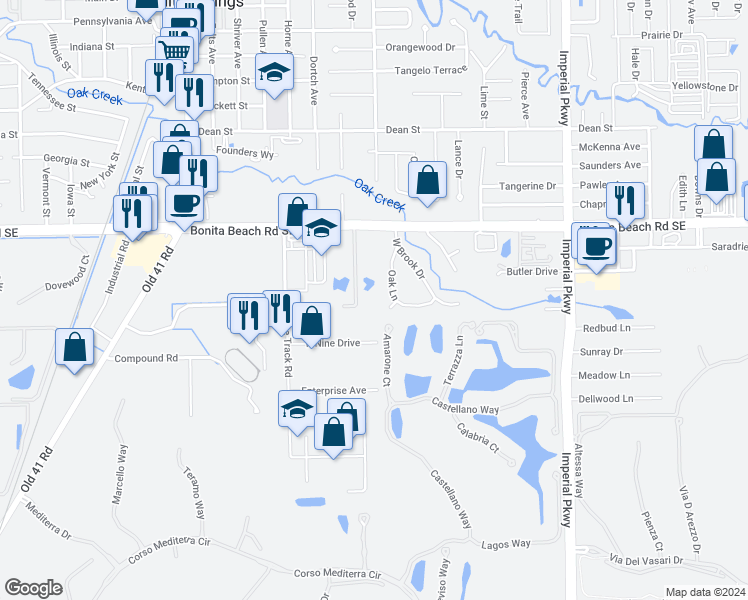 map of restaurants, bars, coffee shops, grocery stores, and more near 28230 Pine Haven Way in Bonita Springs