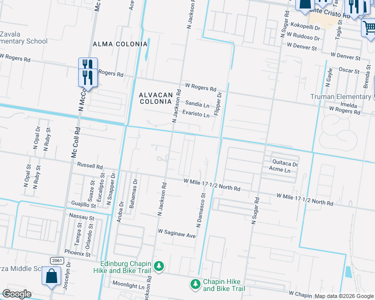 map of restaurants, bars, coffee shops, grocery stores, and more near 2321 Mojave Street in Edinburg