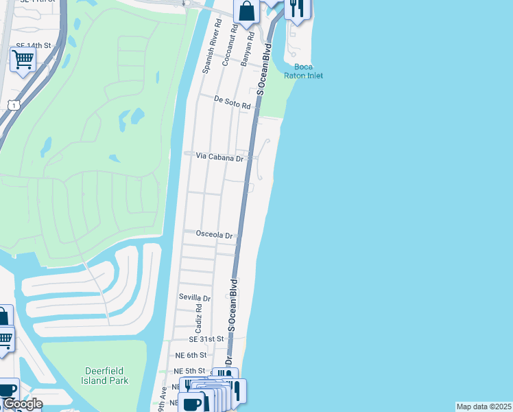 map of restaurants, bars, coffee shops, grocery stores, and more near 2000 South Ocean Boulevard in Boca Raton
