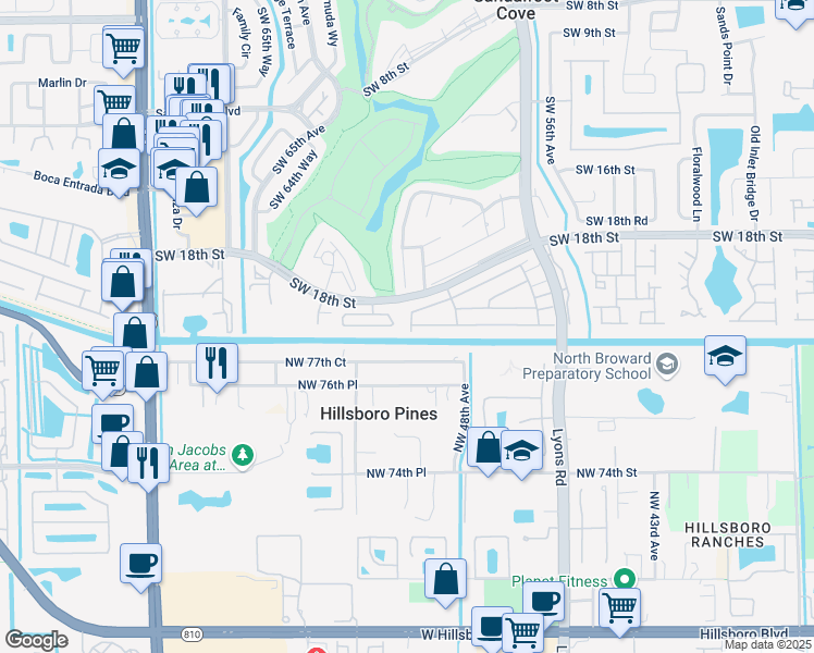 map of restaurants, bars, coffee shops, grocery stores, and more near 23337D Southwest 61st Avenue in Boca Raton