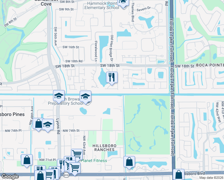 map of restaurants, bars, coffee shops, grocery stores, and more near 8658 Kimble Way in Boca Raton