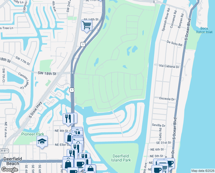 map of restaurants, bars, coffee shops, grocery stores, and more near 2299 Acorn Palm Road in Boca Raton