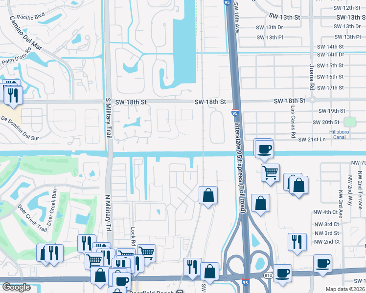 map of restaurants, bars, coffee shops, grocery stores, and more near 23399 Rio Del Mar Drive in Boca Raton