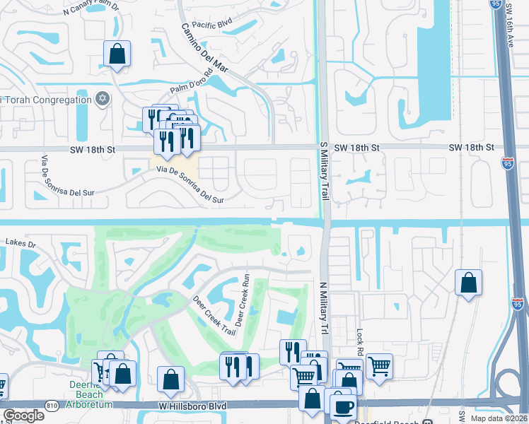 map of restaurants, bars, coffee shops, grocery stores, and more near 5680 Santiago Circle in Boca Raton