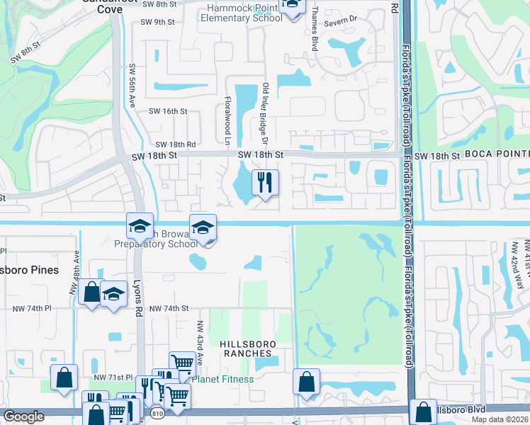 map of restaurants, bars, coffee shops, grocery stores, and more near 8658 Kimble Way in Boca Raton