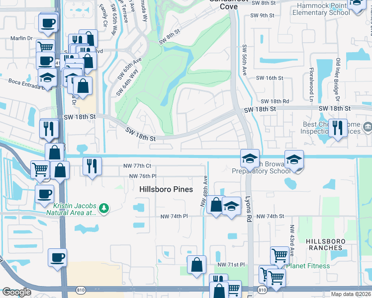 map of restaurants, bars, coffee shops, grocery stores, and more near 9160e Southwest 22nd Street in Boca Raton