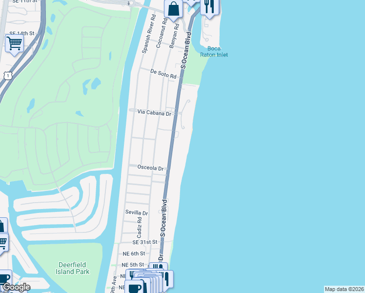 map of restaurants, bars, coffee shops, grocery stores, and more near 2000 South Ocean Boulevard in Boca Raton