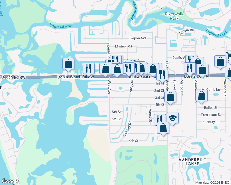 map of restaurants, bars, coffee shops, grocery stores, and more near 191 3rd Street in Bonita Springs