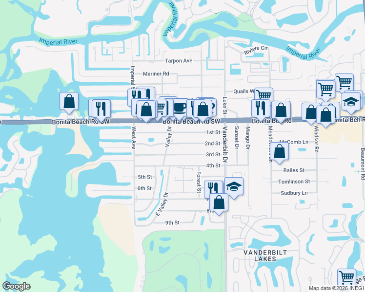 map of restaurants, bars, coffee shops, grocery stores, and more near 74 2nd Street in Bonita Springs