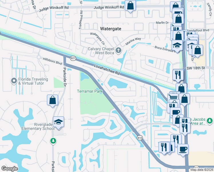 map of restaurants, bars, coffee shops, grocery stores, and more near 6621 Northwest 78th Drive in Parkland