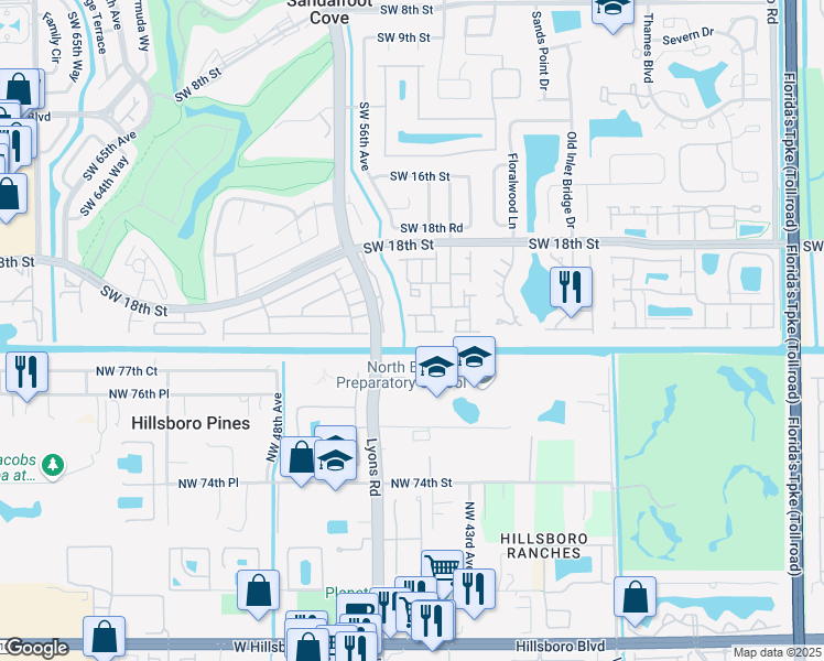 map of restaurants, bars, coffee shops, grocery stores, and more near 23451 Southwest 55th Avenue in Boca Raton