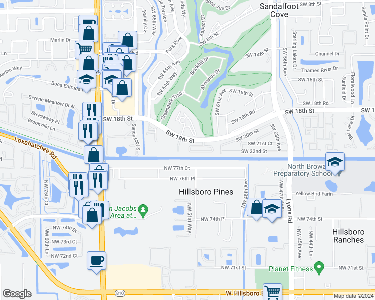 map of restaurants, bars, coffee shops, grocery stores, and more near 23380 South Barwood Lane in Boca Raton