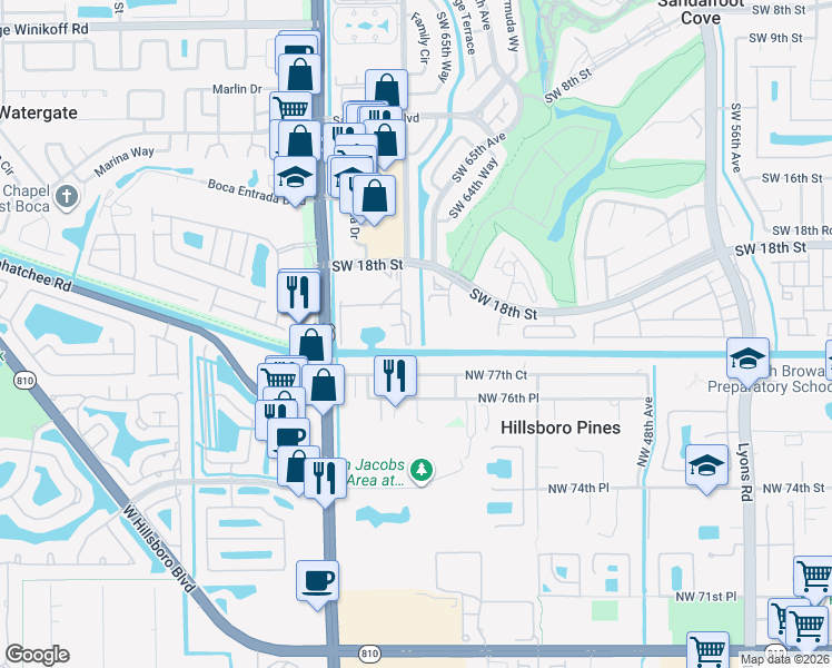 map of restaurants, bars, coffee shops, grocery stores, and more near 1028 Sandalfoot South in Boca Raton