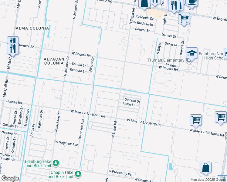 map of restaurants, bars, coffee shops, grocery stores, and more near 2418 North Sugar Road in Edinburg