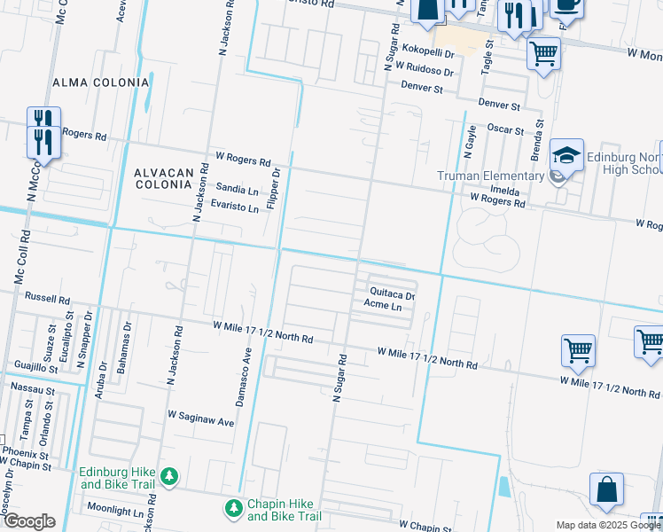 map of restaurants, bars, coffee shops, grocery stores, and more near 2418 North Sugar Road in Edinburg