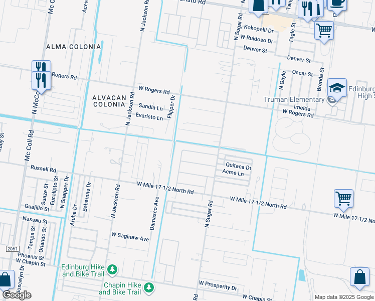 map of restaurants, bars, coffee shops, grocery stores, and more near 2551 North Sugar Road in Edinburg