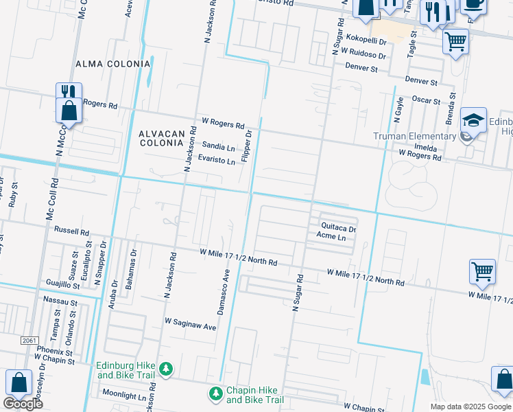 map of restaurants, bars, coffee shops, grocery stores, and more near 1817 West Mile 17 1/2 North Road in Edinburg