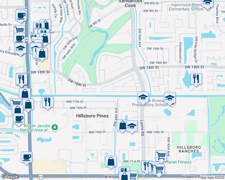 map of restaurants, bars, coffee shops, grocery stores, and more near 9160e Southwest 22nd Street in Boca Raton