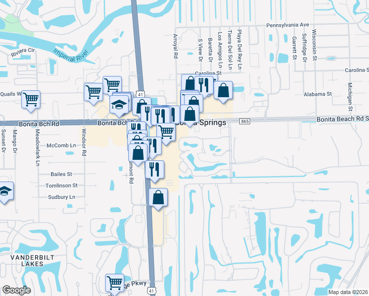 map of restaurants, bars, coffee shops, grocery stores, and more near 8990 Palmas Grandes Boulevard in Bonita Springs