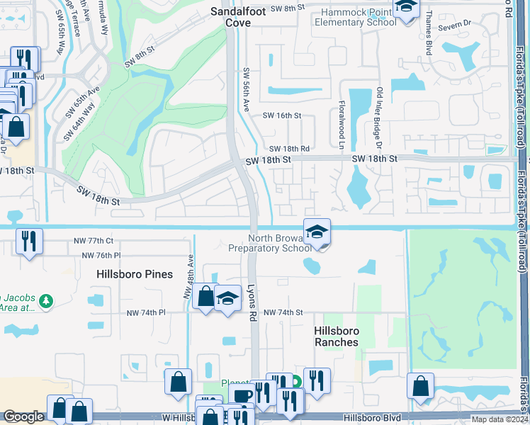 map of restaurants, bars, coffee shops, grocery stores, and more near 23451 Southwest 55th Avenue in Boca Raton