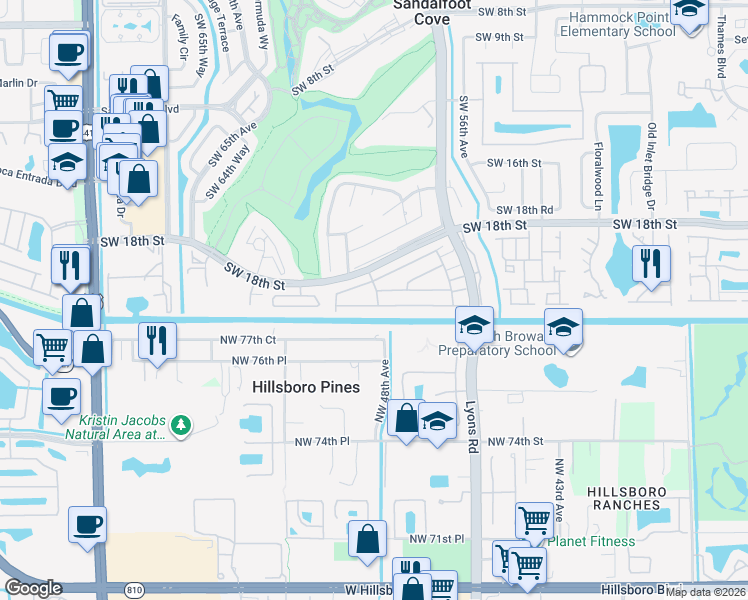 map of restaurants, bars, coffee shops, grocery stores, and more near 9160e Southwest 22nd Street in Boca Raton