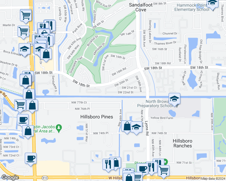 map of restaurants, bars, coffee shops, grocery stores, and more near 9160e Southwest 22nd Street in Boca Raton