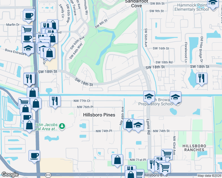 map of restaurants, bars, coffee shops, grocery stores, and more near 9160e Southwest 22nd Street in Boca Raton