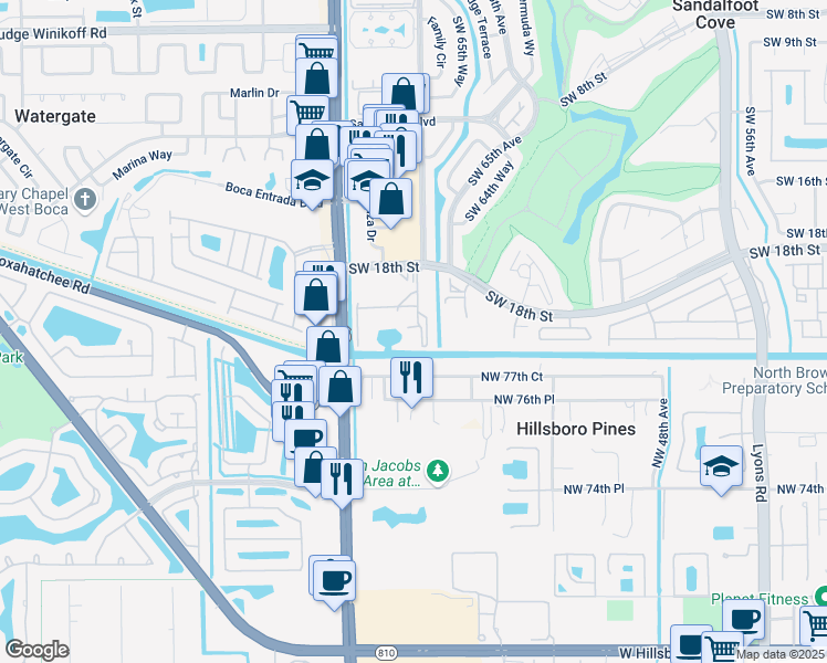 map of restaurants, bars, coffee shops, grocery stores, and more near 9810 Marina Boulevard in Boca Raton