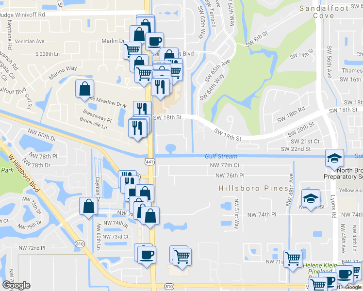 map of restaurants, bars, coffee shops, grocery stores, and more near 5531 Northwest 77th Court in Pompano Beach