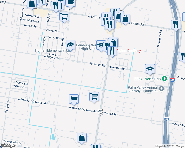 map of restaurants, bars, coffee shops, grocery stores, and more near 2921 North Closner Boulevard in Edinburg