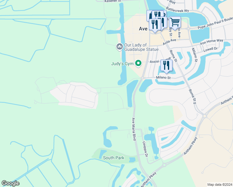 map of restaurants, bars, coffee shops, grocery stores, and more near Chandler Way in Ave Maria