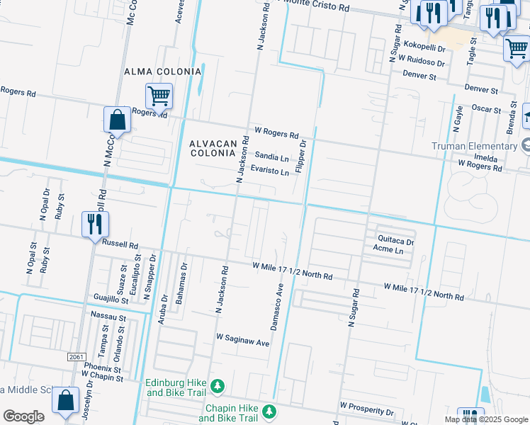 map of restaurants, bars, coffee shops, grocery stores, and more near 2504 Terranova Circle in Edinburg