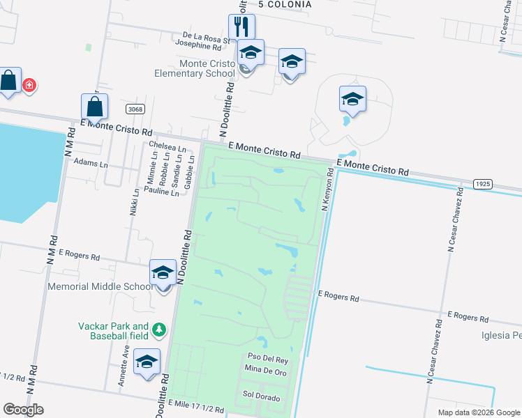 map of restaurants, bars, coffee shops, grocery stores, and more near 3429 Clubhouse Drive in Edinburg