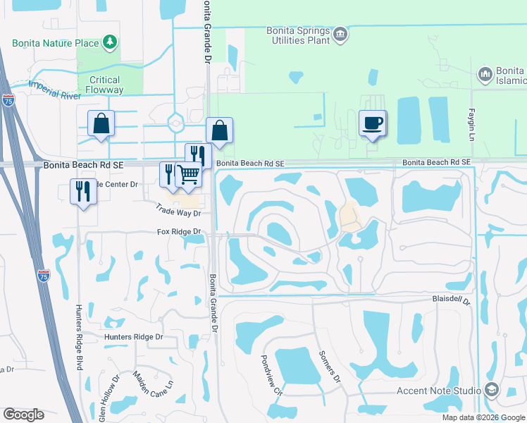 map of restaurants, bars, coffee shops, grocery stores, and more near 13217 Sherburne Circle in Bonita Springs