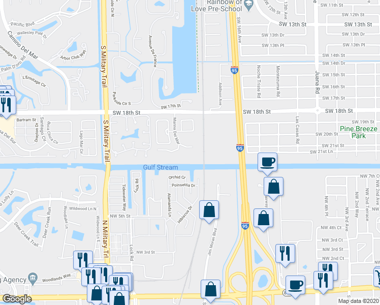 map of restaurants, bars, coffee shops, grocery stores, and more near 5096 Heatherhill Lane in Boca Raton
