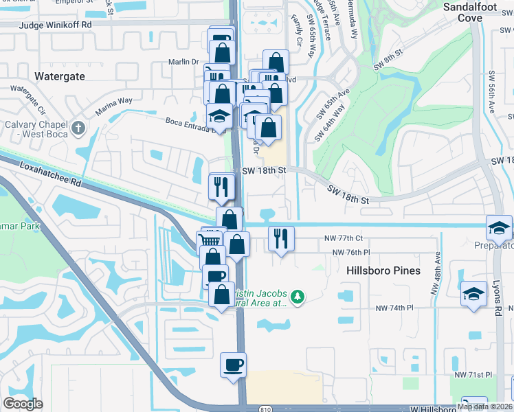 map of restaurants, bars, coffee shops, grocery stores, and more near 9872 Marina Boulevard in Boca Raton