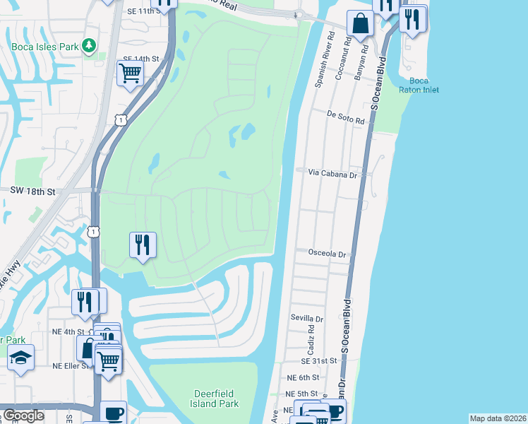 map of restaurants, bars, coffee shops, grocery stores, and more near 2165 East Maya Palm Drive in Boca Raton