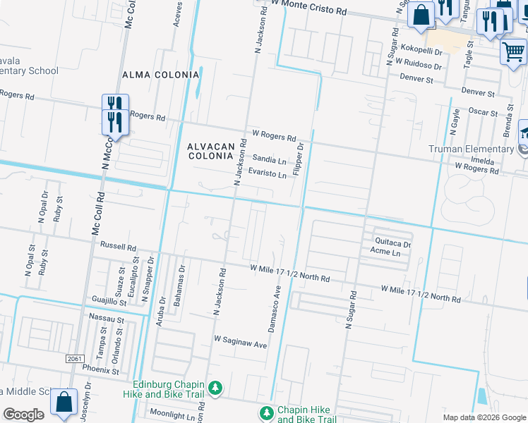 map of restaurants, bars, coffee shops, grocery stores, and more near 2504 Terranova Circle in Edinburg