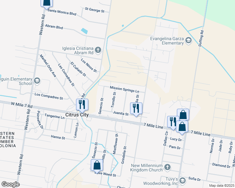 map of restaurants, bars, coffee shops, grocery stores, and more near 8511 Tornillo in Mission