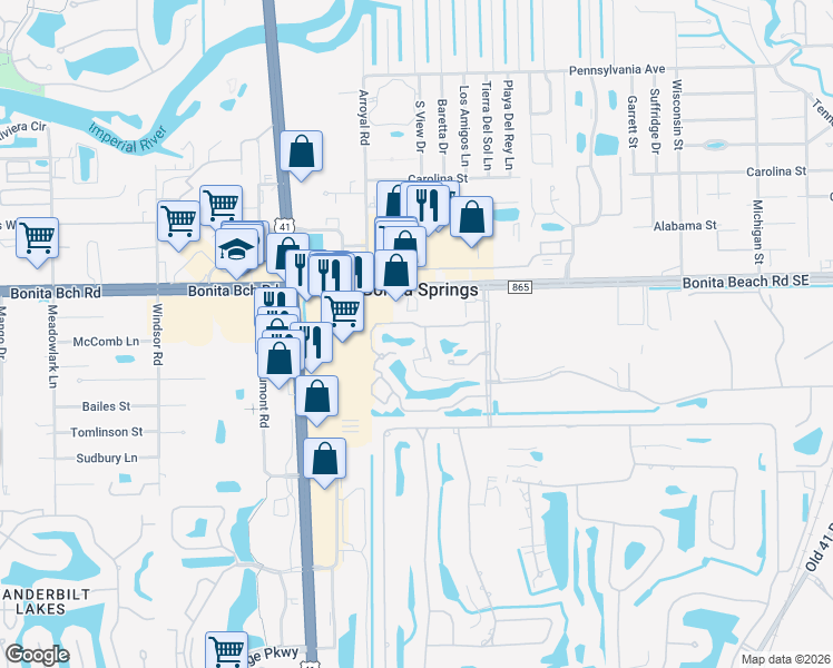 map of restaurants, bars, coffee shops, grocery stores, and more near 9050 Palmas Grandes Boulevard in Bonita Springs