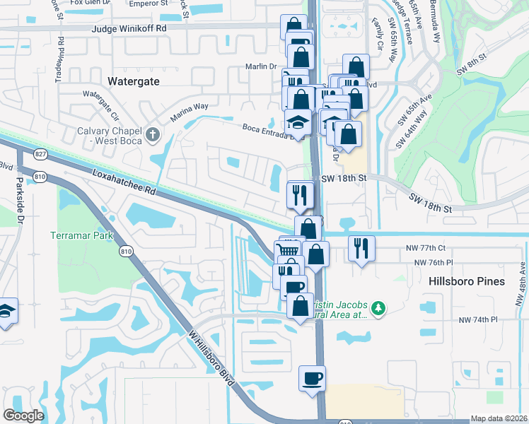 map of restaurants, bars, coffee shops, grocery stores, and more near 10165 Aqua Vista Way in Boca Raton