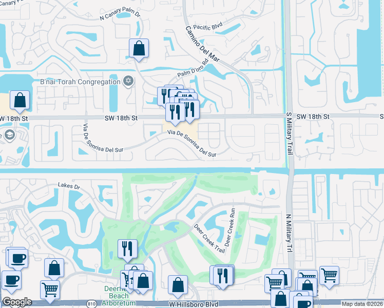 map of restaurants, bars, coffee shops, grocery stores, and more near 6184 Vista Linda Lane in Boca Raton